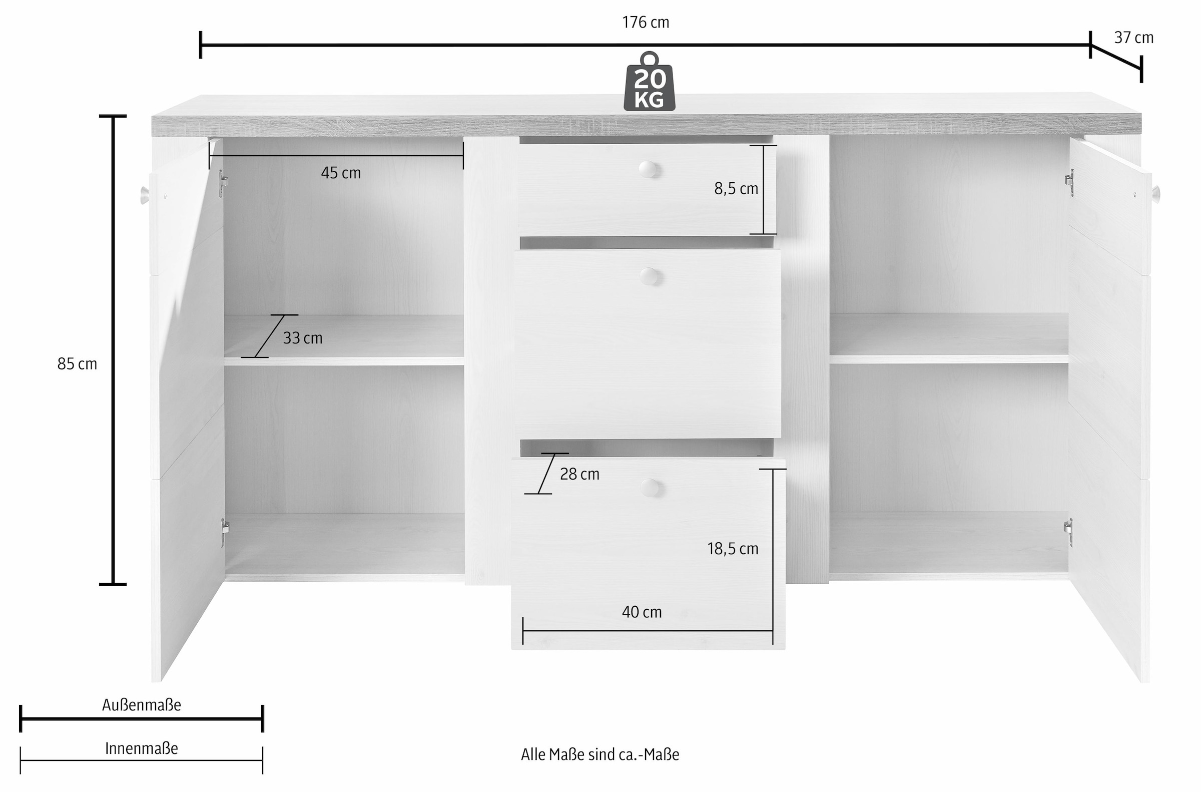 Home affaire Sideboard »Larona, zeitlose Kommode mit 2 Türen, 3 Schubkästen, Türkommode,« Höhe 84 cm, viel Stauraum, Anrichte mit dekorativer Rahmenoptik