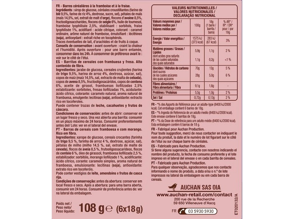 BARRA DE CEREAIS AUCHAN FRAMBOESA E MORANGO 6UN 108G