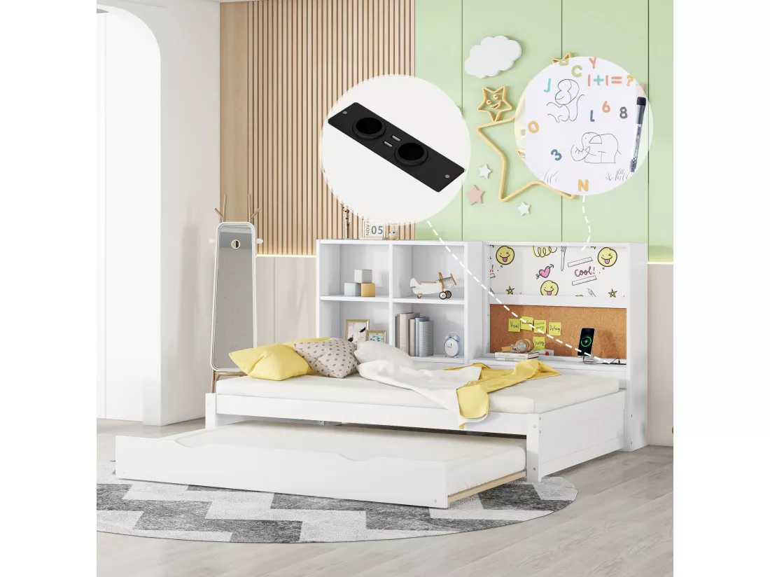 Lit gigogne 90x200cm+90x190cm, Canapé-lit avec tête de lit de rangement, et port de chargement USB, blanc