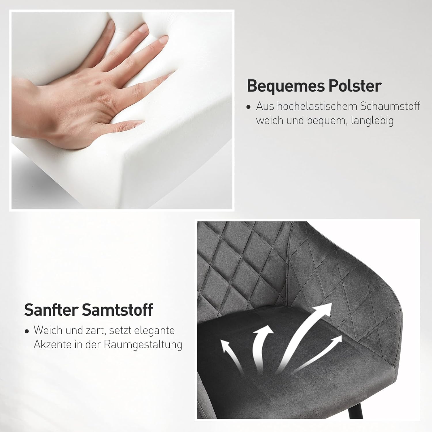 CLIPOP Esszimmerstühle 6er Set, Küchenstuhl Samt Bezug Wohnzimmerstuhl Polsterstuhl mit Armlehne Metallbeine Polstersessel Stuhl für Esszimmer Wohnzimmer Küche (6, Samt Grau)