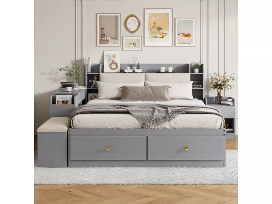 Lit combiné enfant 140 x 200 cm - Avec rangement - Avec 2 tiroirs - Avec table de chevet - Avec grand meuble de rangement - Avec tabouret - Gris (sans matelas)