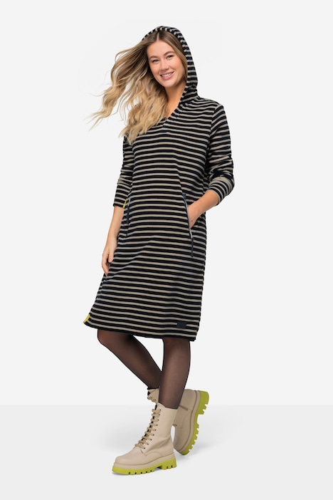 Kleid, geringelter Fleece, Midilänge, Kapuze, Langarm, OEKO-TEX
