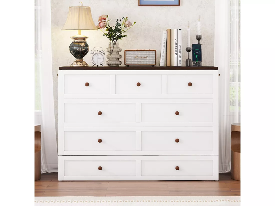 Lit escamotable 140 x 200 cm avec 2 tiroirs et étagère en tête de lit - Bois de pin et MDF - Prise USB - Blanc