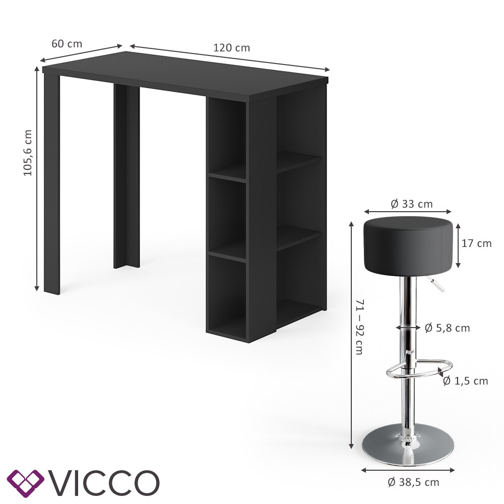 VICCO Bartisch NOEL Tresentisch Weiß Schwarz Ablagefächer 120 x 105,6 x 60 cm inkl. Barhocker
