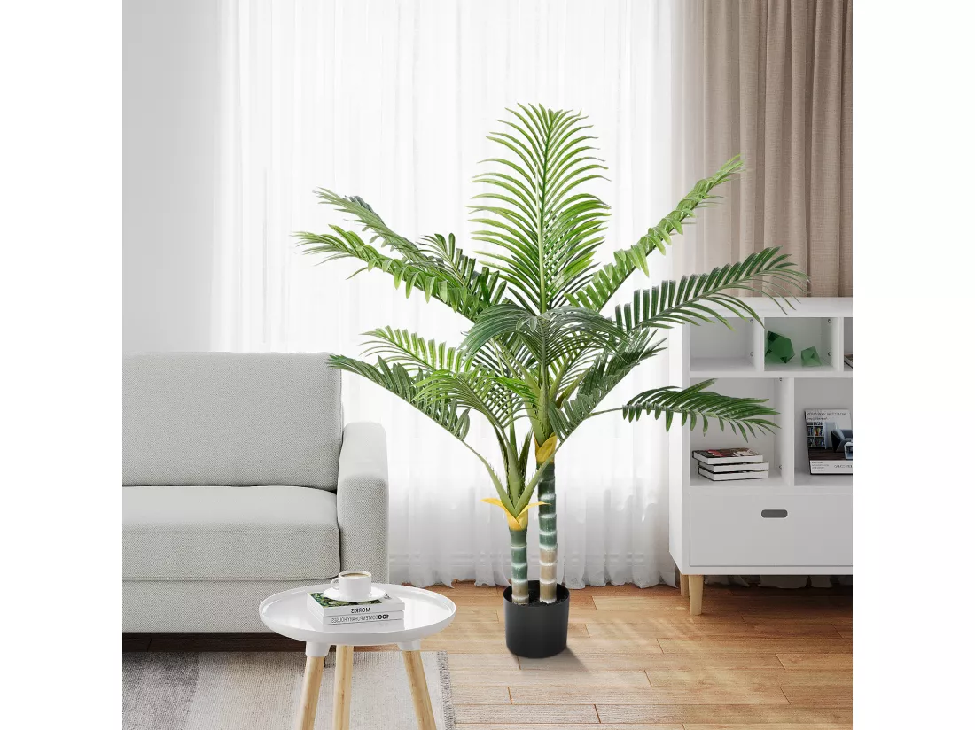 Plante artificielle vert - Palmier en pot H 120 cm - très réaliste palmier - 2 tronc et 15 feuilles - avec pot
