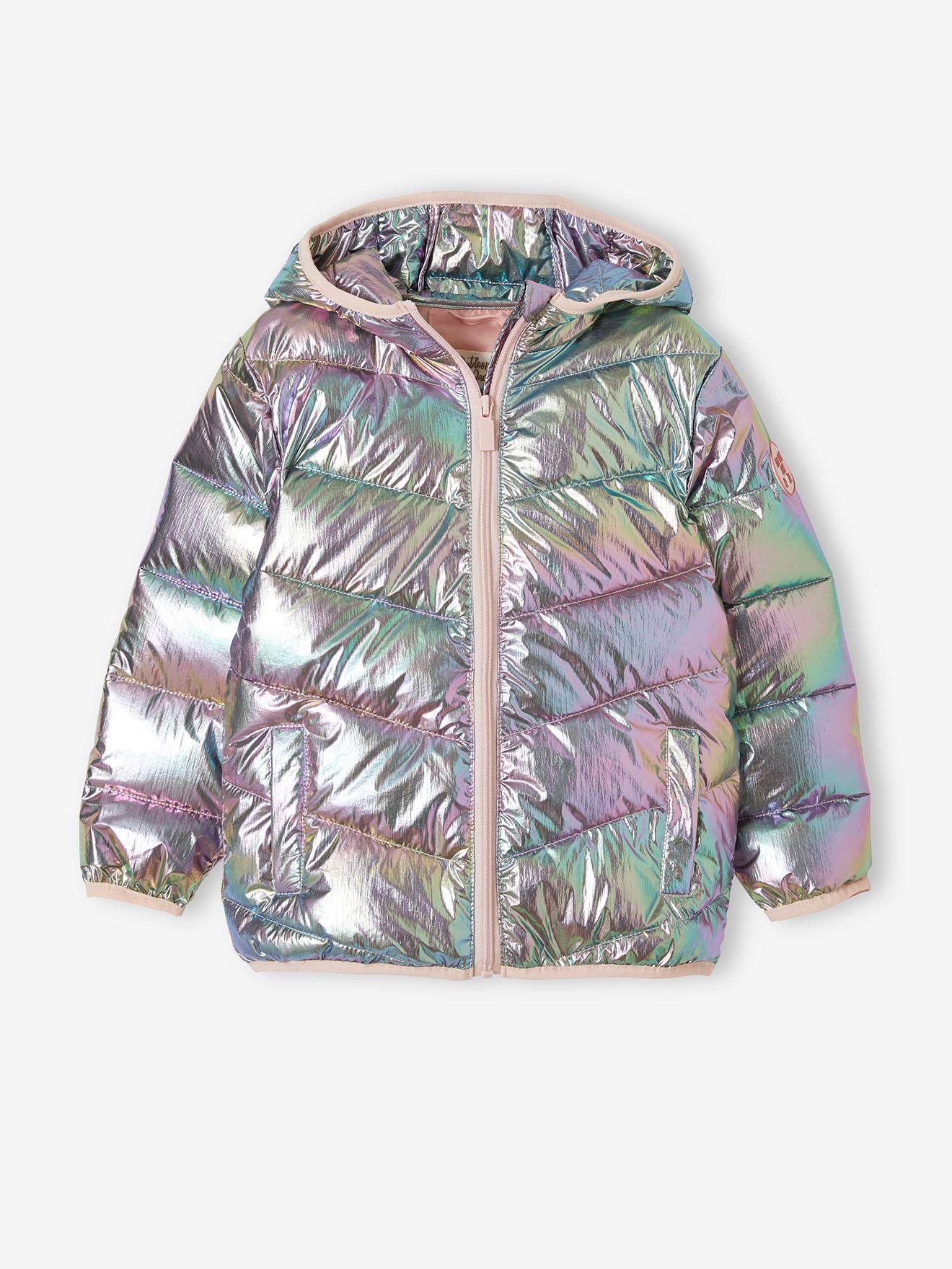 Jaqueta acolchoada leve com efeito iridescente brilhante para meninas, cinza metálico claro