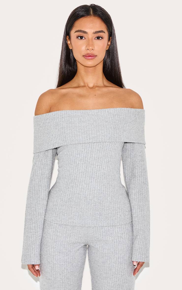 Gris Haut Long Bardot Côtelé Petite Taille