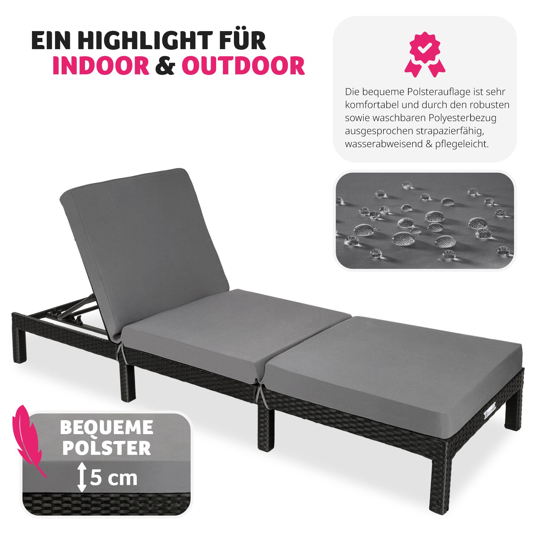 tectake® Rattan Sonnenliege, widerstandsfähig, 6-fach verstellbare Rückenlehne, 196 x 66 x 27 cm