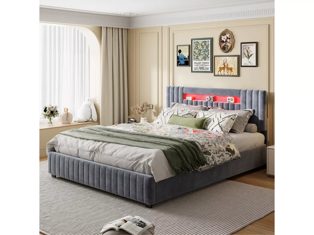 Lit coffre 140x200cm - Lit double avec sommier à lattes et tête de lit LED avec rangemet, en tissu velours gris