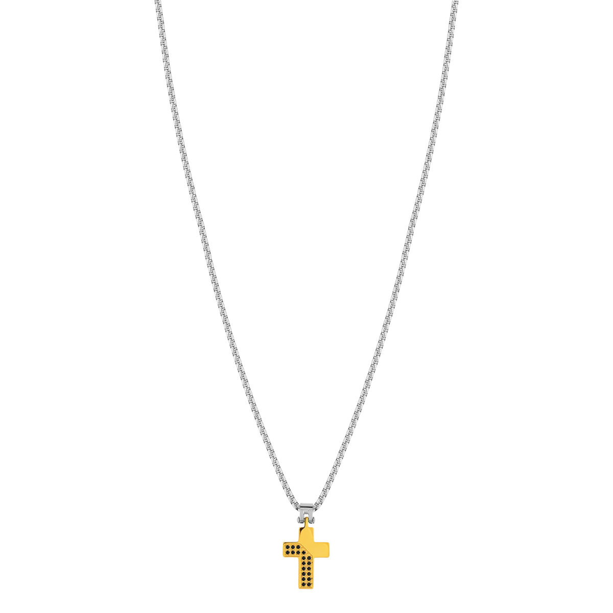 Collier acier bicolore jaune zirconia noir croix 55cm