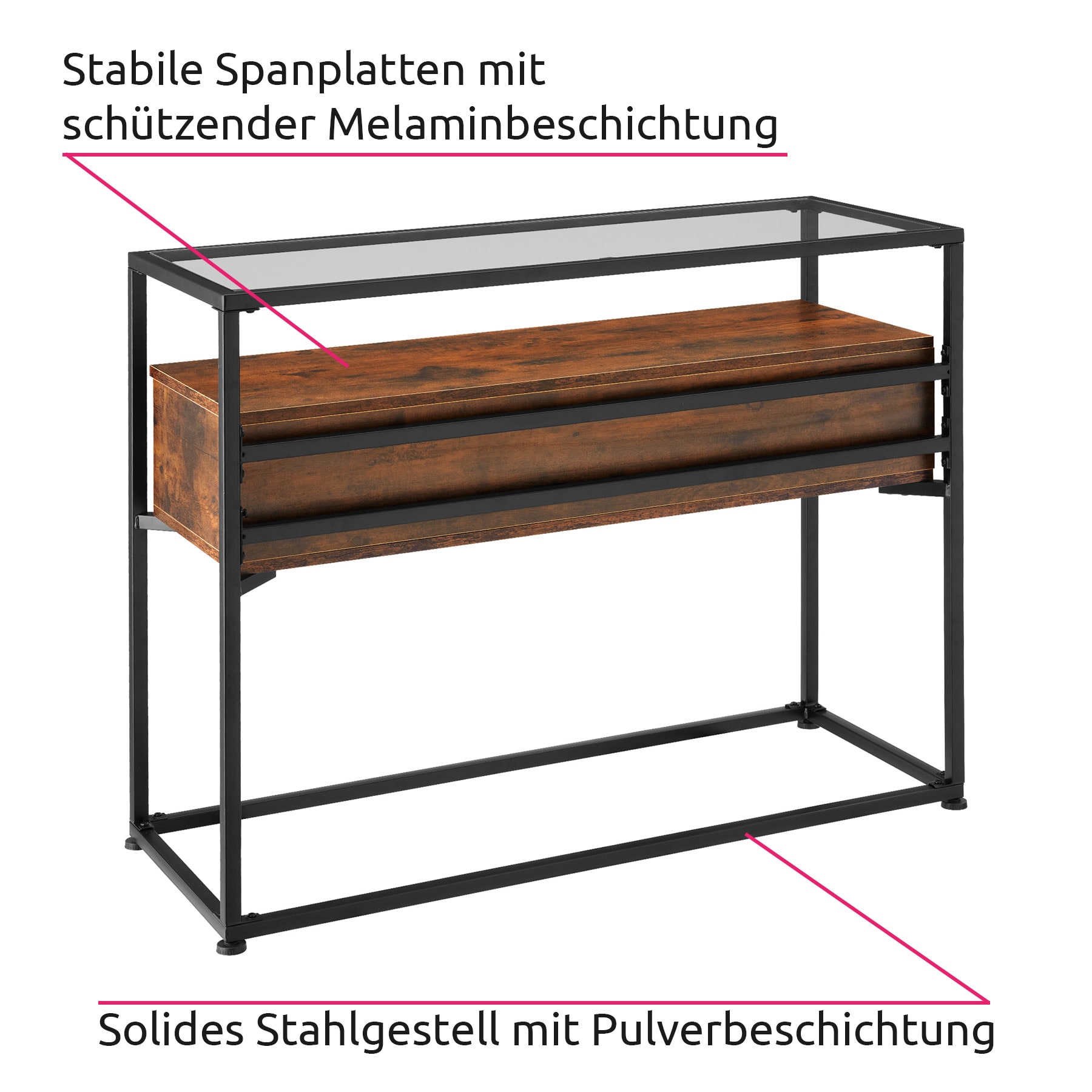 tectake® Konsolentisch, Industrial Style, Platte aus Sicherheitsglas, 2 große Schubladen, 101,5 x 41,5 x 80,5 cm