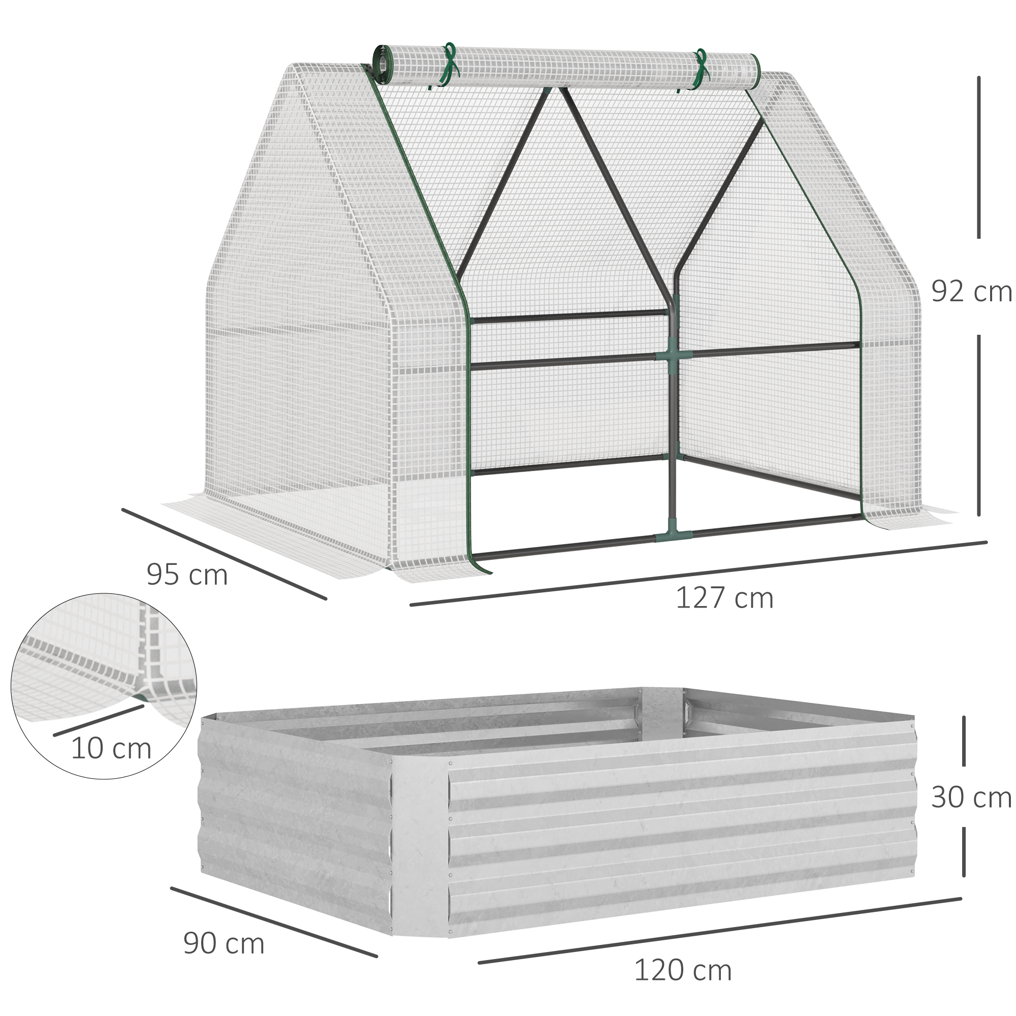 Jardim urbano Outsunny com estufa, estufa externa de 127x95x92 cm, tipo galpão com canteiro interno de aço, janela de enrolar e cobertura de PE de 140 g/m² para cultivo de plantas e flores, branca.