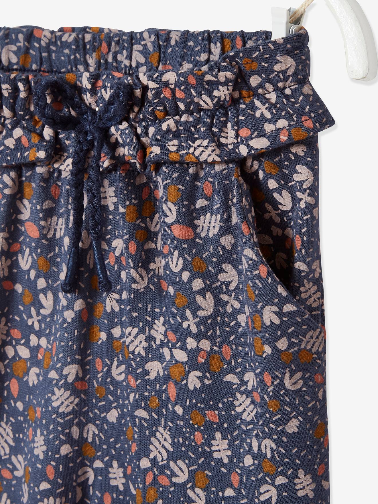 Calças estampadas com elástico na cintura para bebê, estampa azul escura.