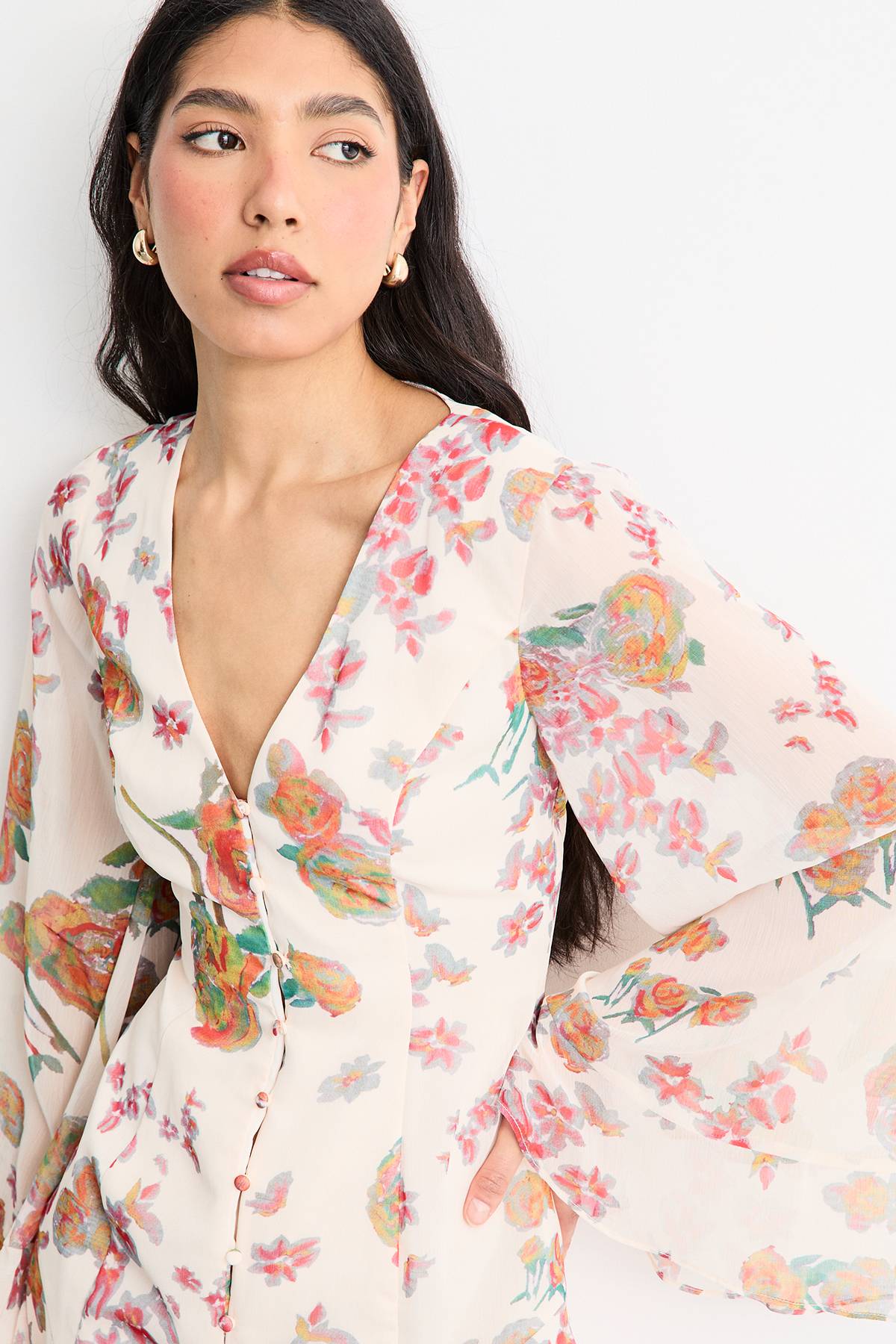 Warehouse Robe Longue Bohème En Mousseline À Imprimé Floral Avec Boutonnage