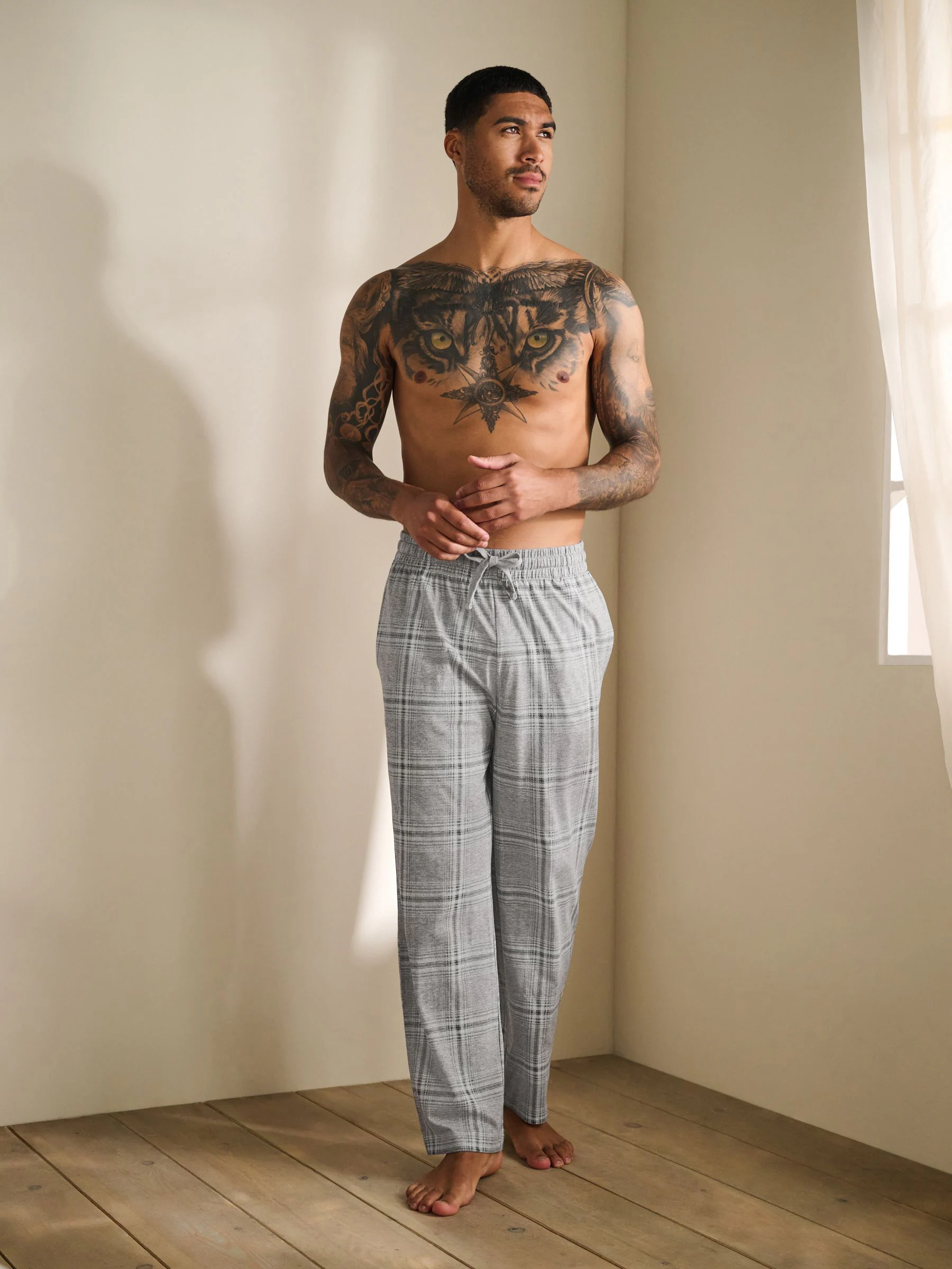 Grijs - Check Open Hem Jersey Pyjama Bottoms