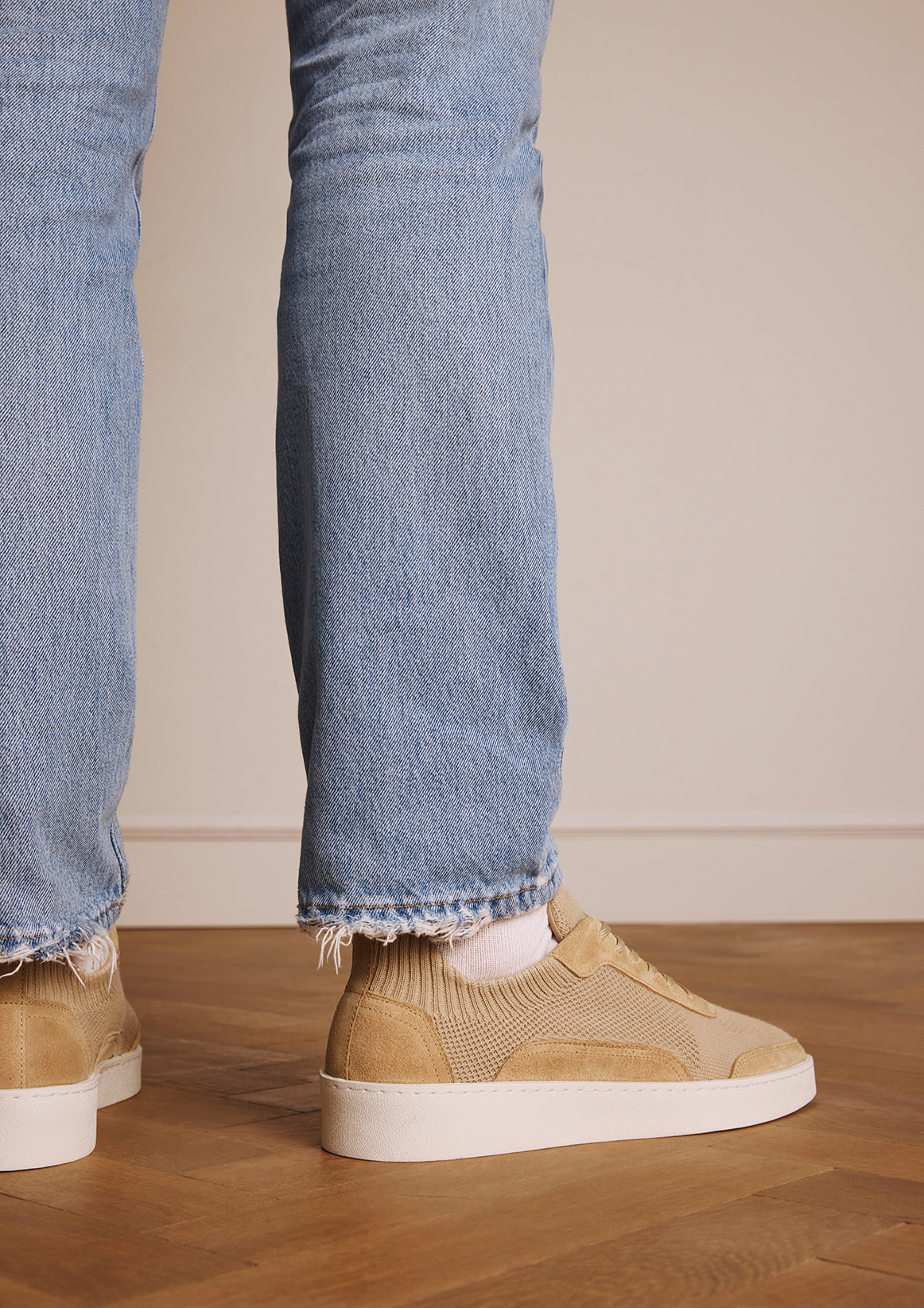 Beige knit fabric sneakers