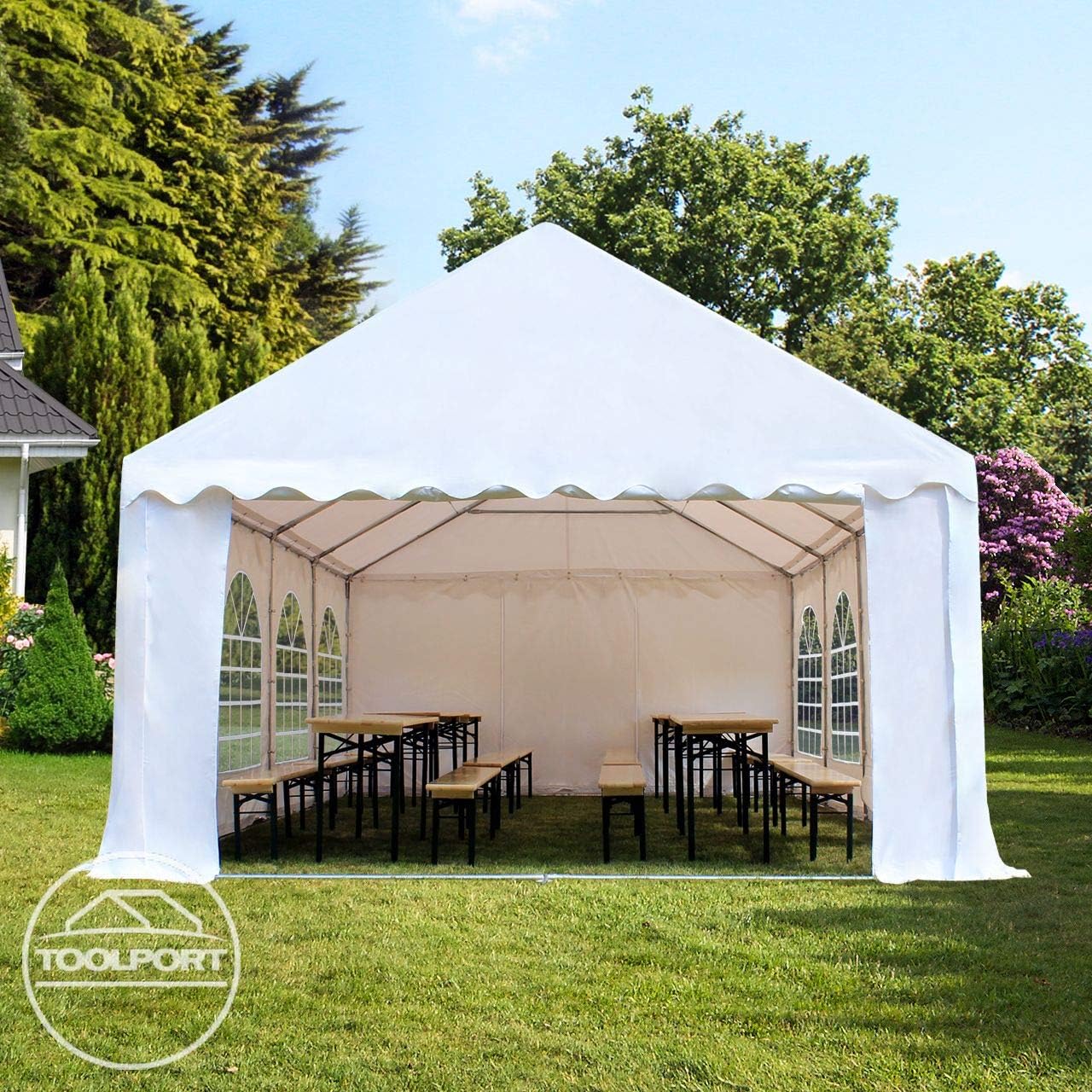TOOLPORT Festzelt Partyzelt 4x6 m schwerentflammbar Premium, hochwertige PVC Plane 750 N in weiß 100% wasserdicht mit Bodenrahmen