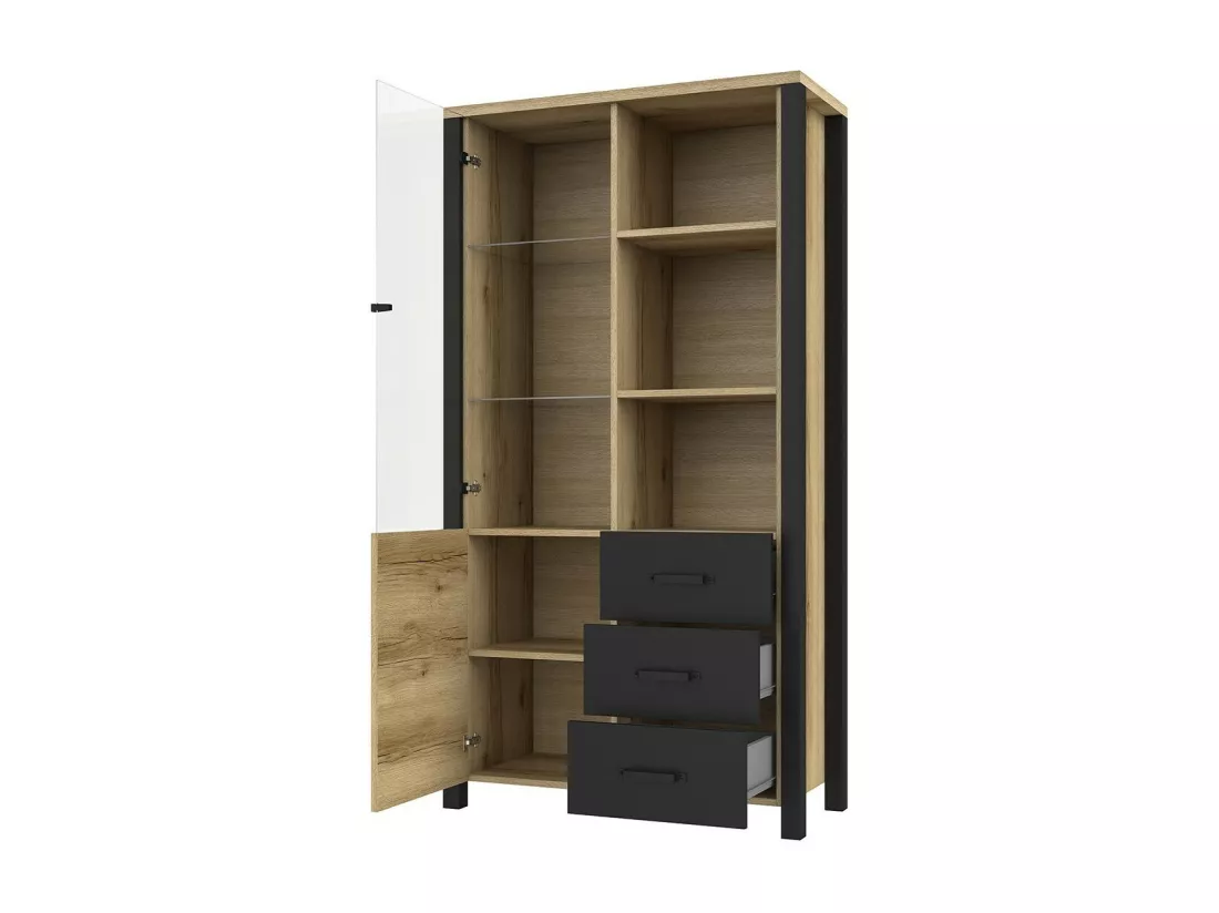 Vitrine large design collection DARWIN. Couleur chêne clair et noir. 2 portes, 3 tiroirs, 3 niches