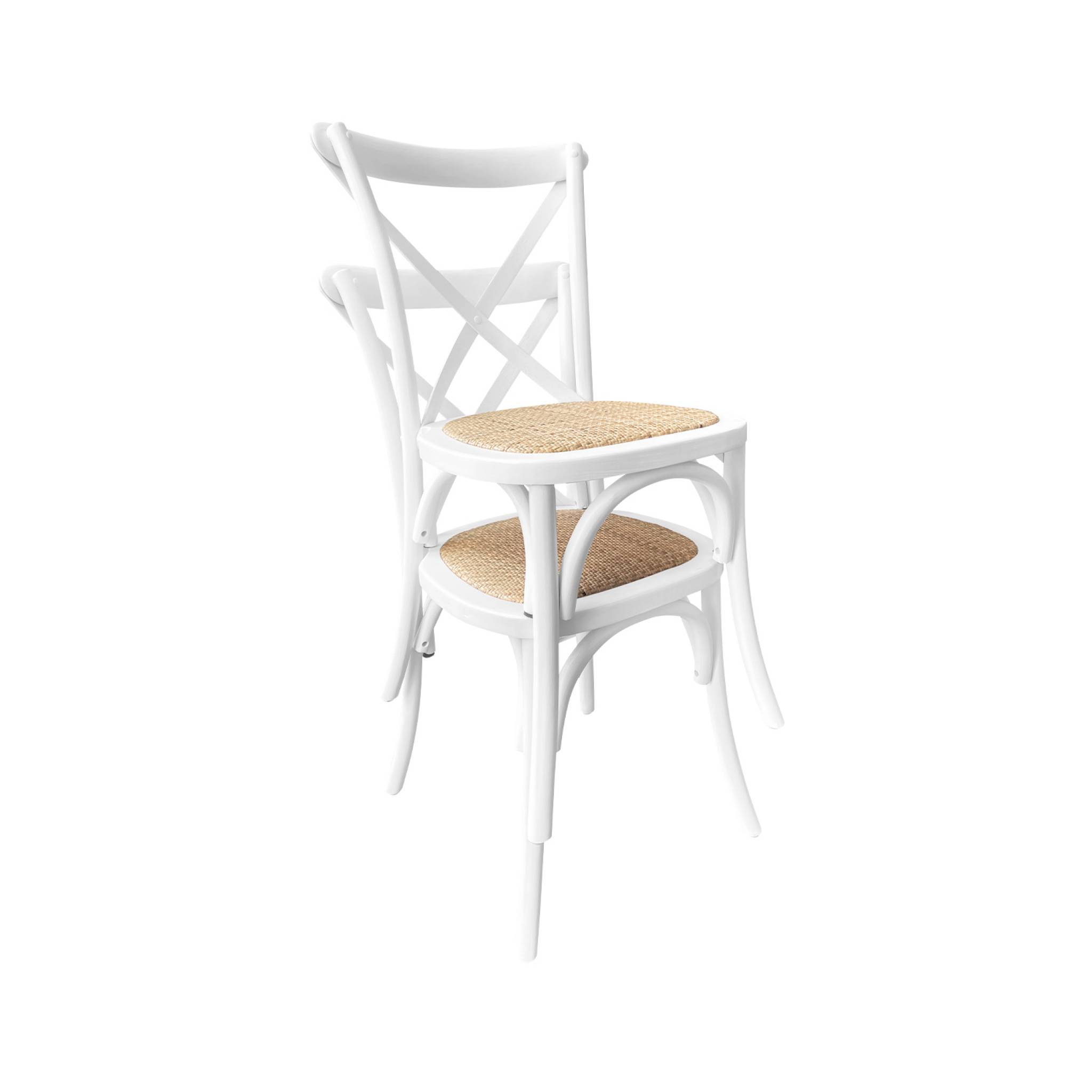 Lot de 2 chaises de bistrot en bois d'hévéa blanc. Vintage. Assise en rotin. Empilables