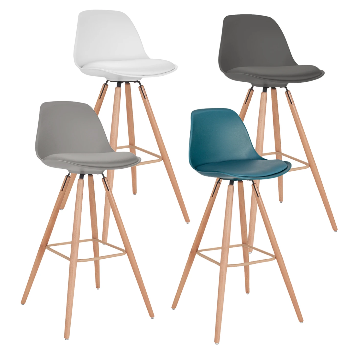Lot de 4 tabourets de bar SARA mix color gris foncé, gris clair, blanc et bleu canard