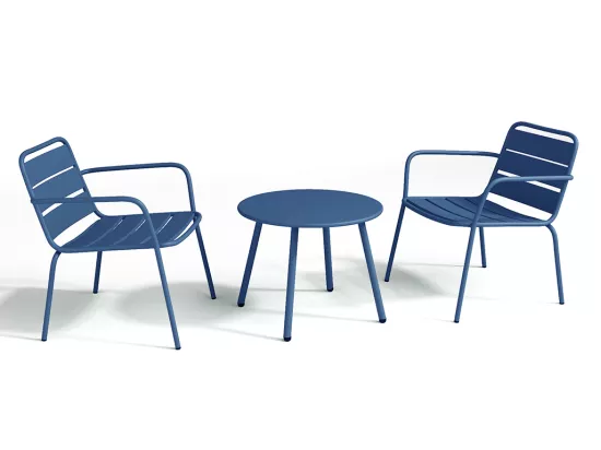 Salon de jardin en métal - 2 fauteuils bas empilables et une table d'appoint ronde - Bleu nuit - MIRMANDE de MYLIA