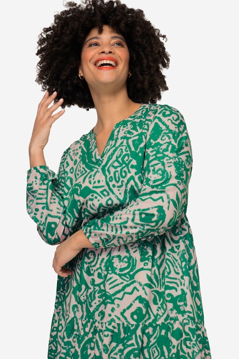 Kleid, Alloverdruck, Tunika-Ausschnitt, Langarm