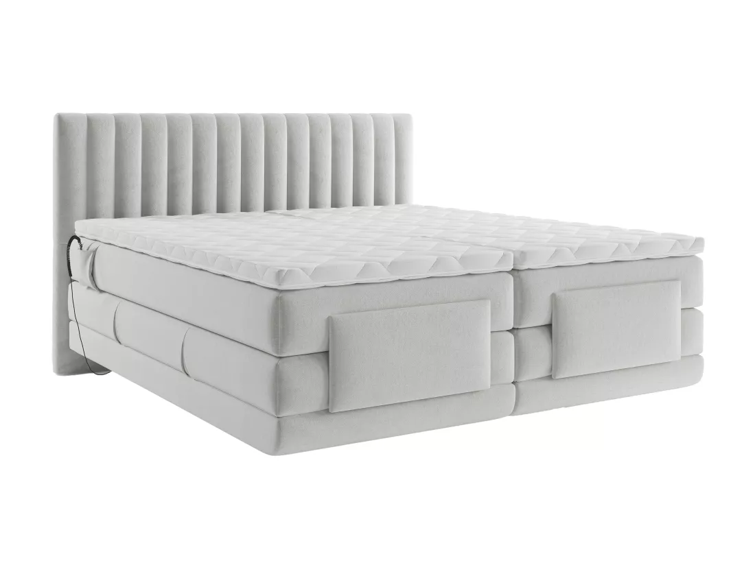 Ensemble complet boxspring tête de lit coutures verticales + sommiers relaxation électrique + matelas + surmatelas - 2 x 80 x 200 cm - Velours - Gris clair - DONISI de PALACIO