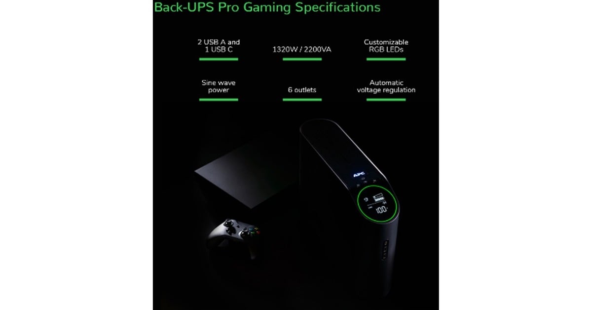 APCBack-UPS Pro Gaming BGM2200B-GR ups  (Zwart, 2200VA/1320W, 4x Schuko & 2x C13 uitgang, 3x USB charger, USB dataport)