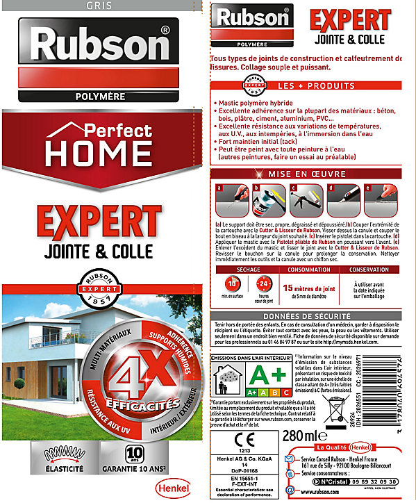 Mastic Rubson Perfect Home Expert Jointe & Colle gris cartouche 280ml