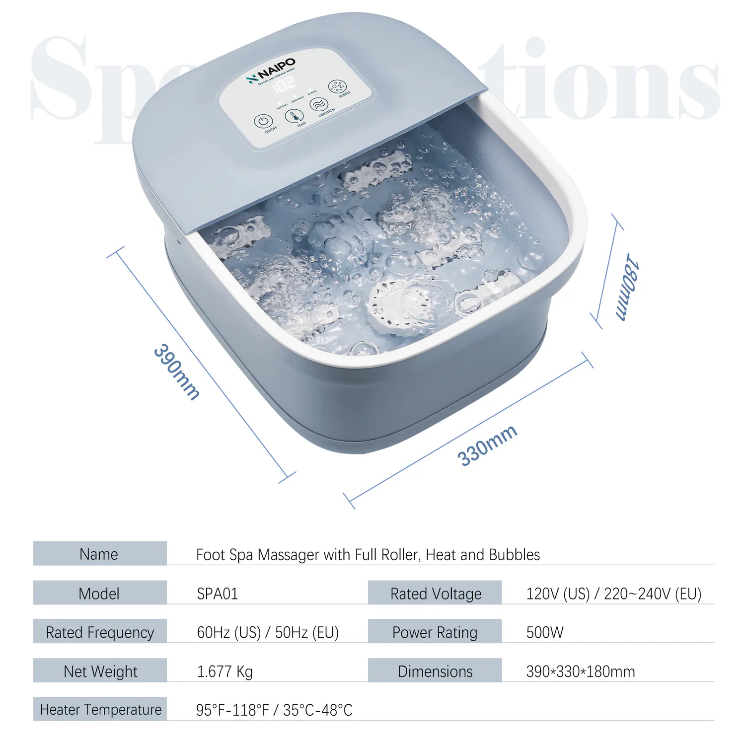 Naipo NPFT-SPA01 3 in1 Fußmassagewanne Sprudelbad LCD-Touchscreen Fußmassagegerät Blau