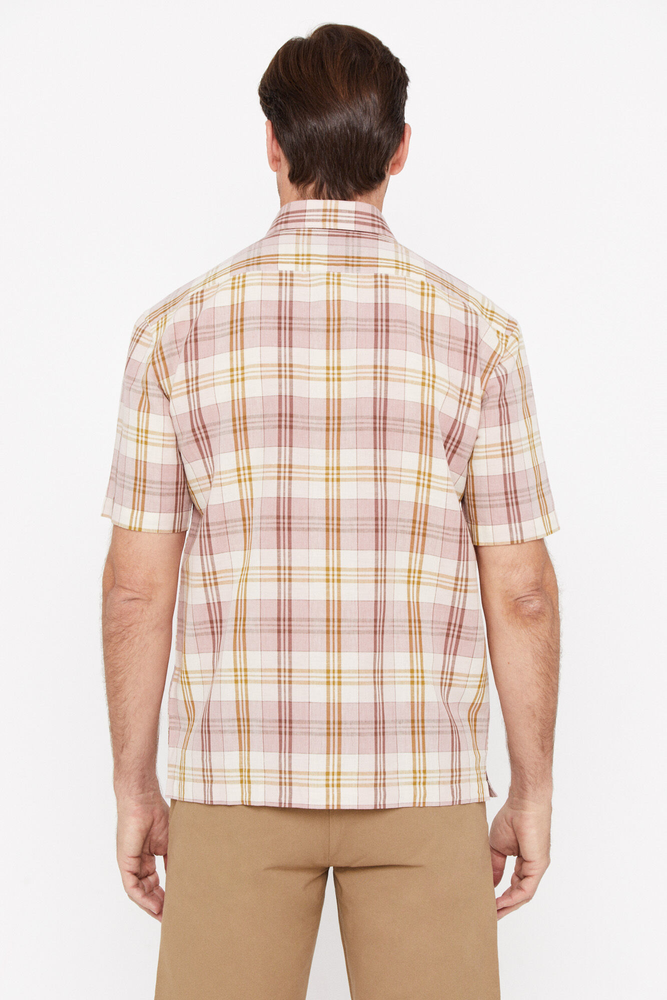 Camisa xadrez de linho e algodão de manga curta - Rosa