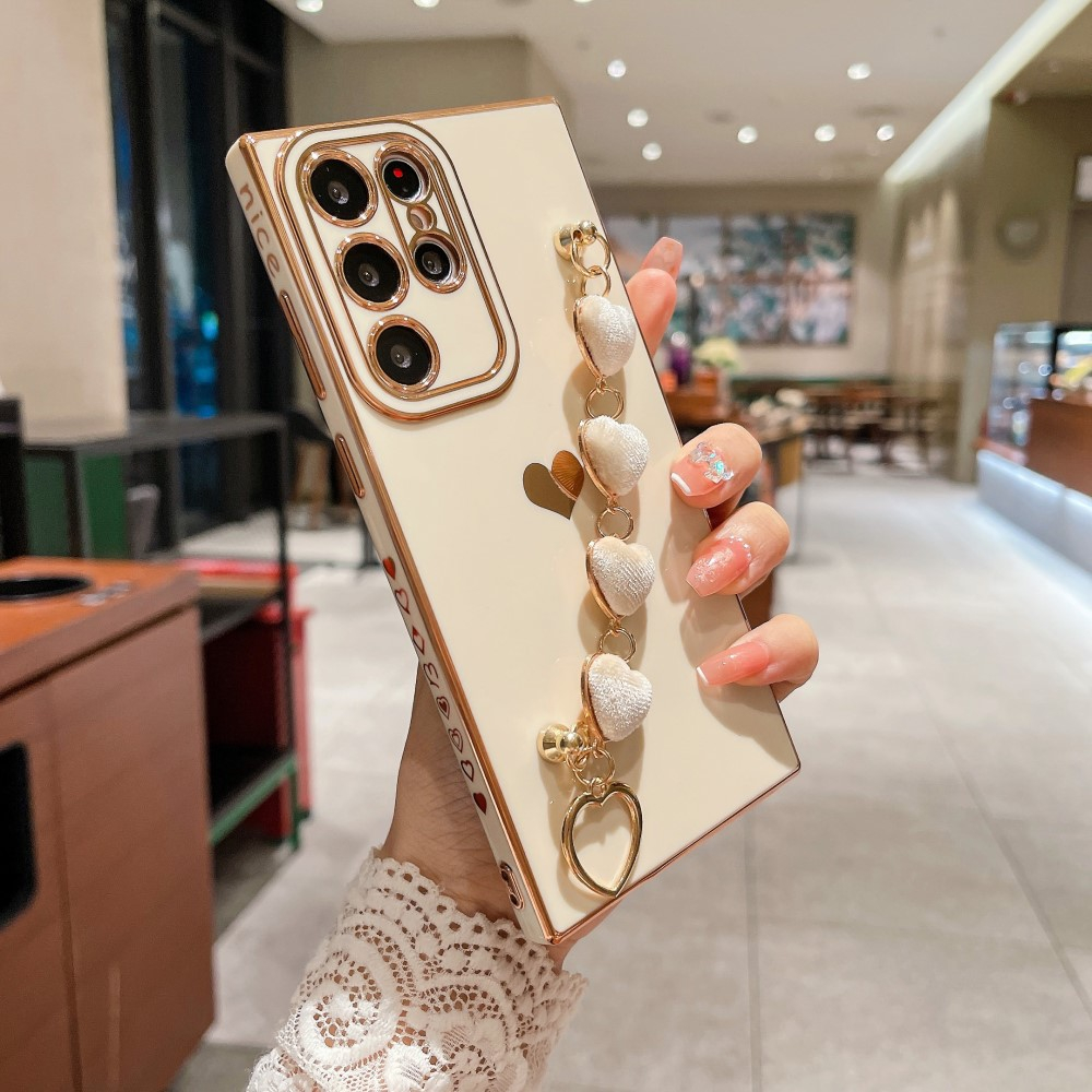 Samsung Galaxy S23 Ultra 5G Gummi Hülle mit Plüsch Herz Kette Handschlaufe   Kameraschutz - Beige / Gold