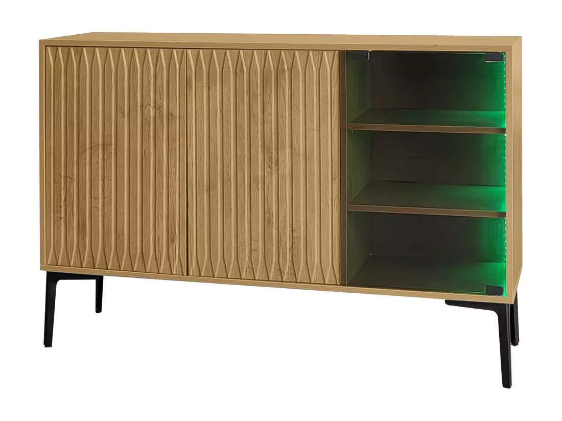 Buffet, meuble de salle de bain avec 3 portes - 120 x 35 x 80 cm - Bois MDF + verre - LEDs - Naturel