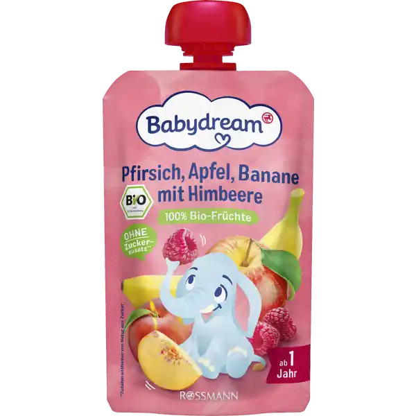 Bio Früchtepüree Pfirsich, Apfel, Banane mit Himbeere