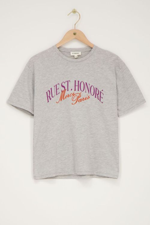 Grijs T-shirt met paars ''Rue st. honoré''