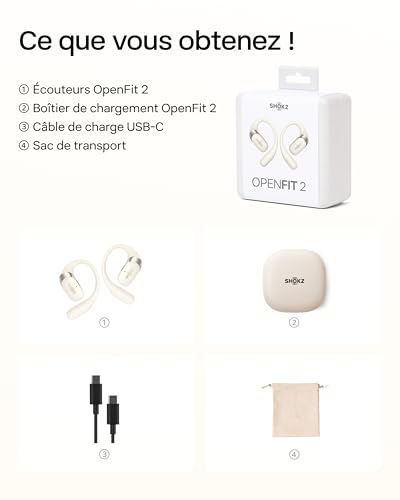 SHOKZ OpenFit 2 Casque à Oreilles Libres, écouteurs Bluetooth sans Fil avec Micro, écouteurs avec Crochet d’oreille et 48 Heures de Lecture, Charge Rapide, résistance IP55, Sac de Transport, Beige