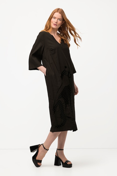 Midikleid, Leinenmix, Stickerei, V-Ausschnitt, 3/4-Arm
