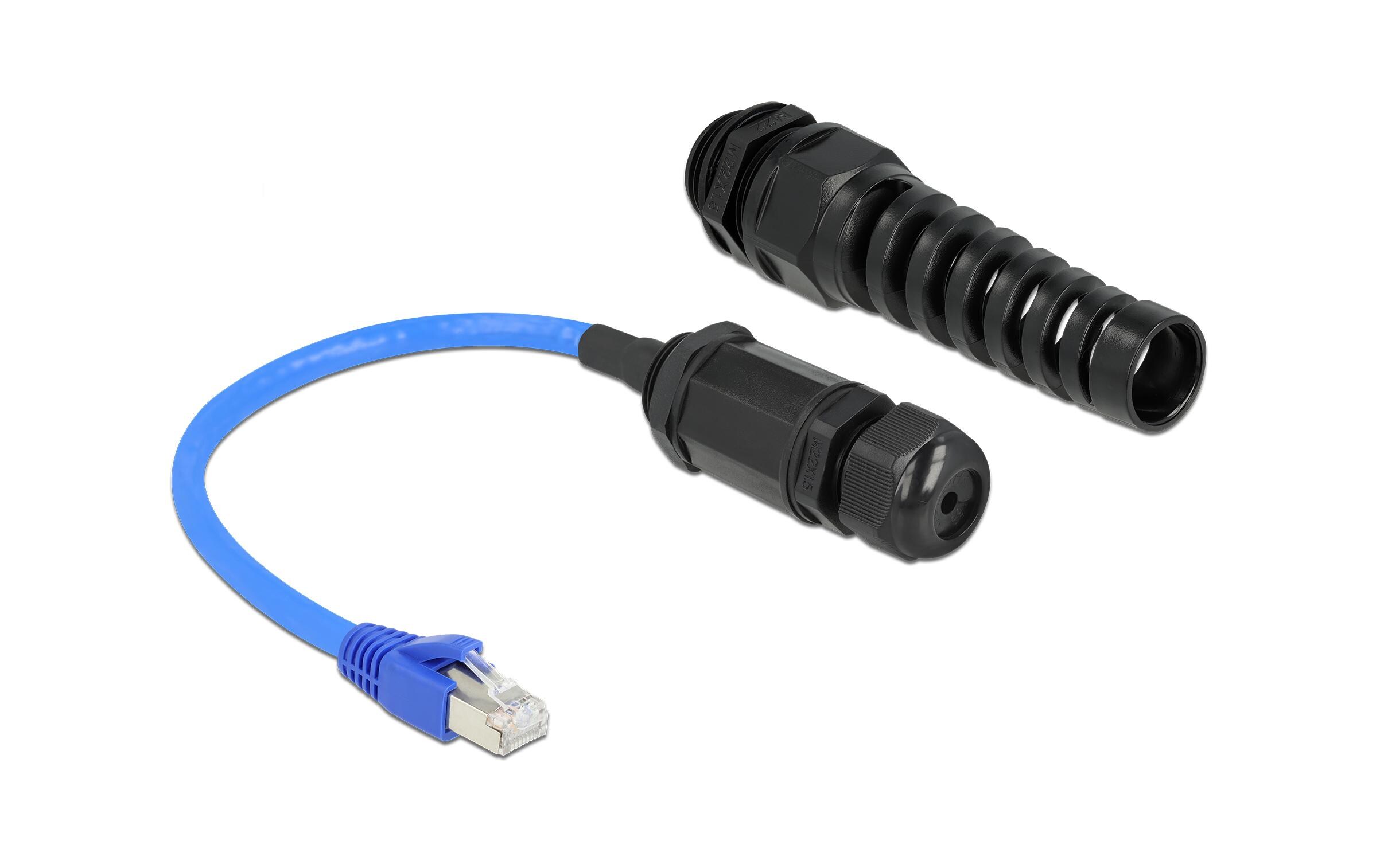 Patchkabel RJ-45 - RJ-45, Cat 6, S/FTP, 0.25 m, BlauKabel RJ45 Stecker zu RJ45 Buchse Cat.6 wasserdicht mit Kabelverschraubung und Knickschutztülle