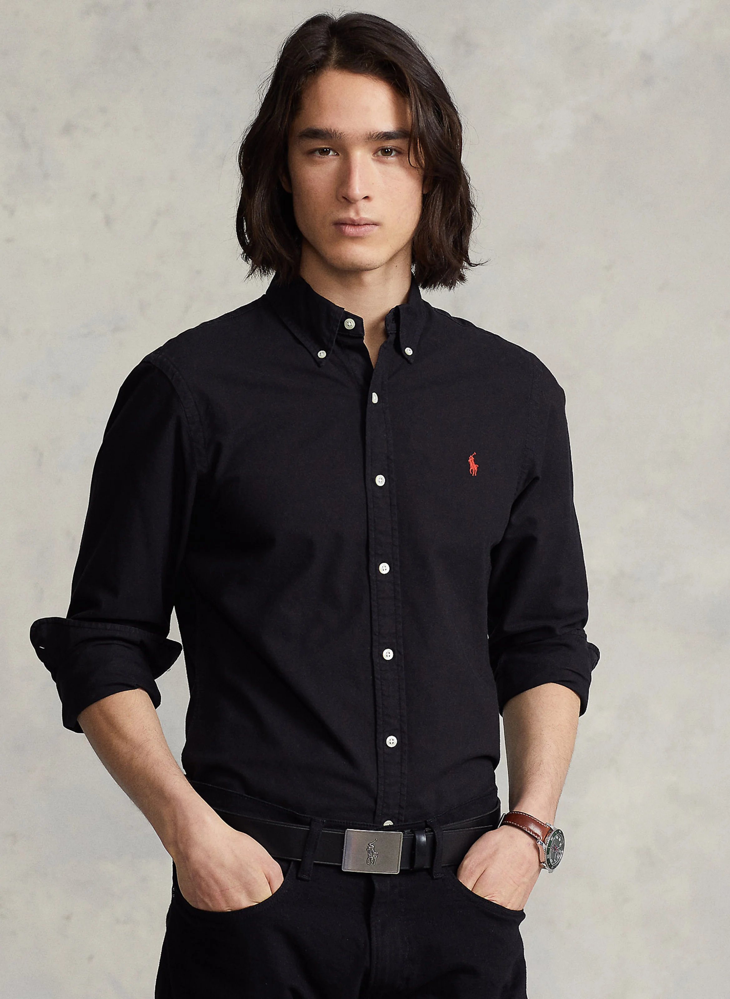Chemise col classique slim-fit brodée en coton | Noir