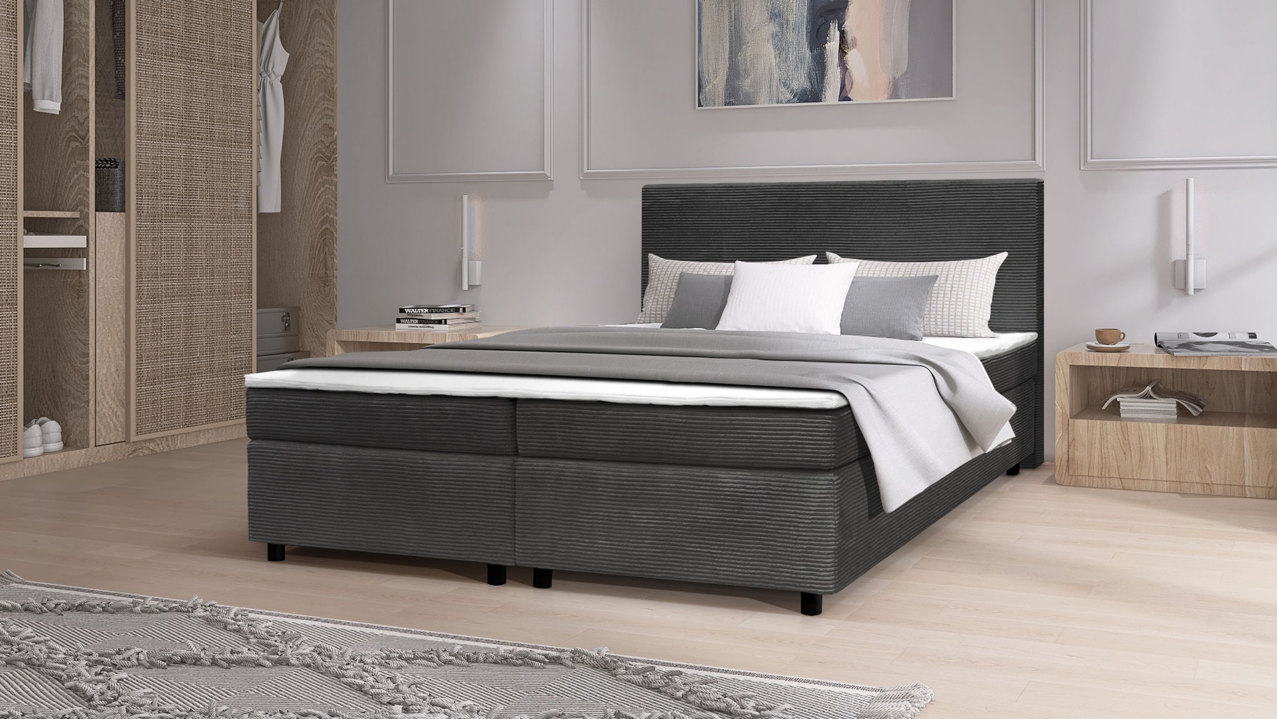 Boxspringbett Paxos Cordstoff Graphite 180x200 Hotelbett Bonellfederkern Bett