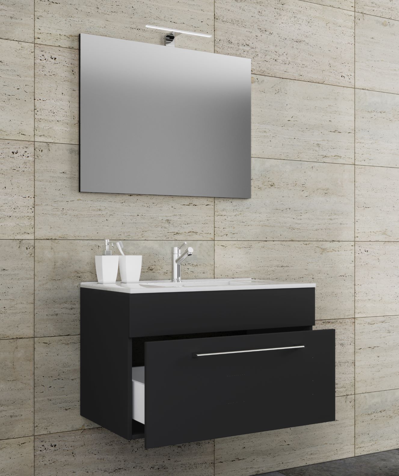 3-teiliges Badmöbel-Set BADINOS 1 - schwarz - 60 cm - mit Spiegel
