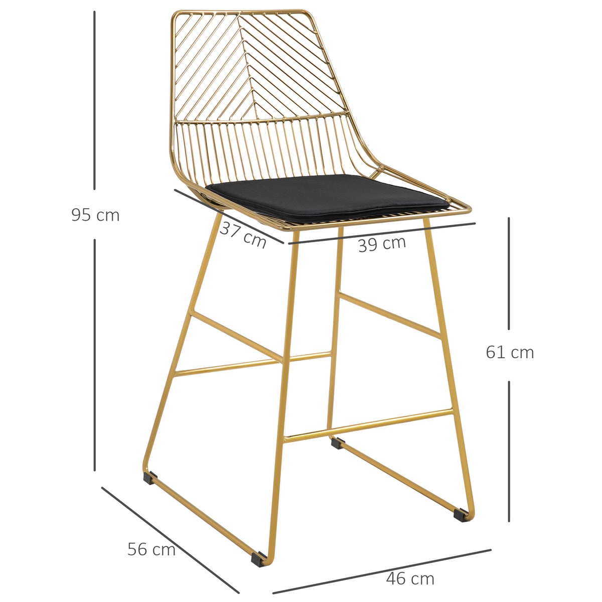 HOMCOM Set van 2 barkrukken, bistrokrukken met voetensteun en kussen, barstoel, keukenstoel met stalen poten voor woonkamer, eetkamer, goud, 46 x 56 x 95 cm
