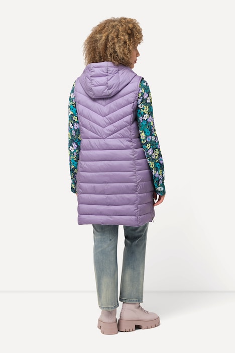 Long-Steppweste, Kapuze, Seiten-Zipper, Stehkragen