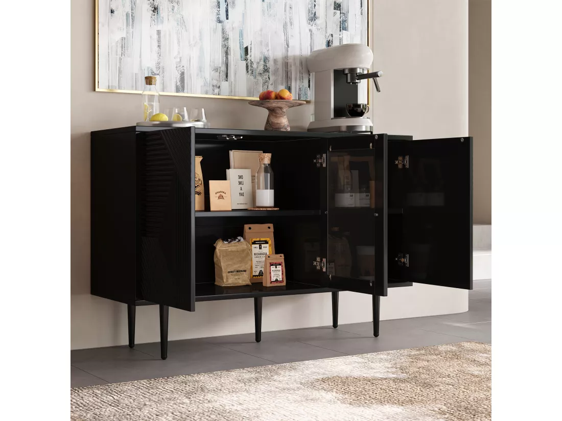 Buffet 120x38x79,5cm - avec 3 portes - avec pieds en métal + portes vitrées - noir