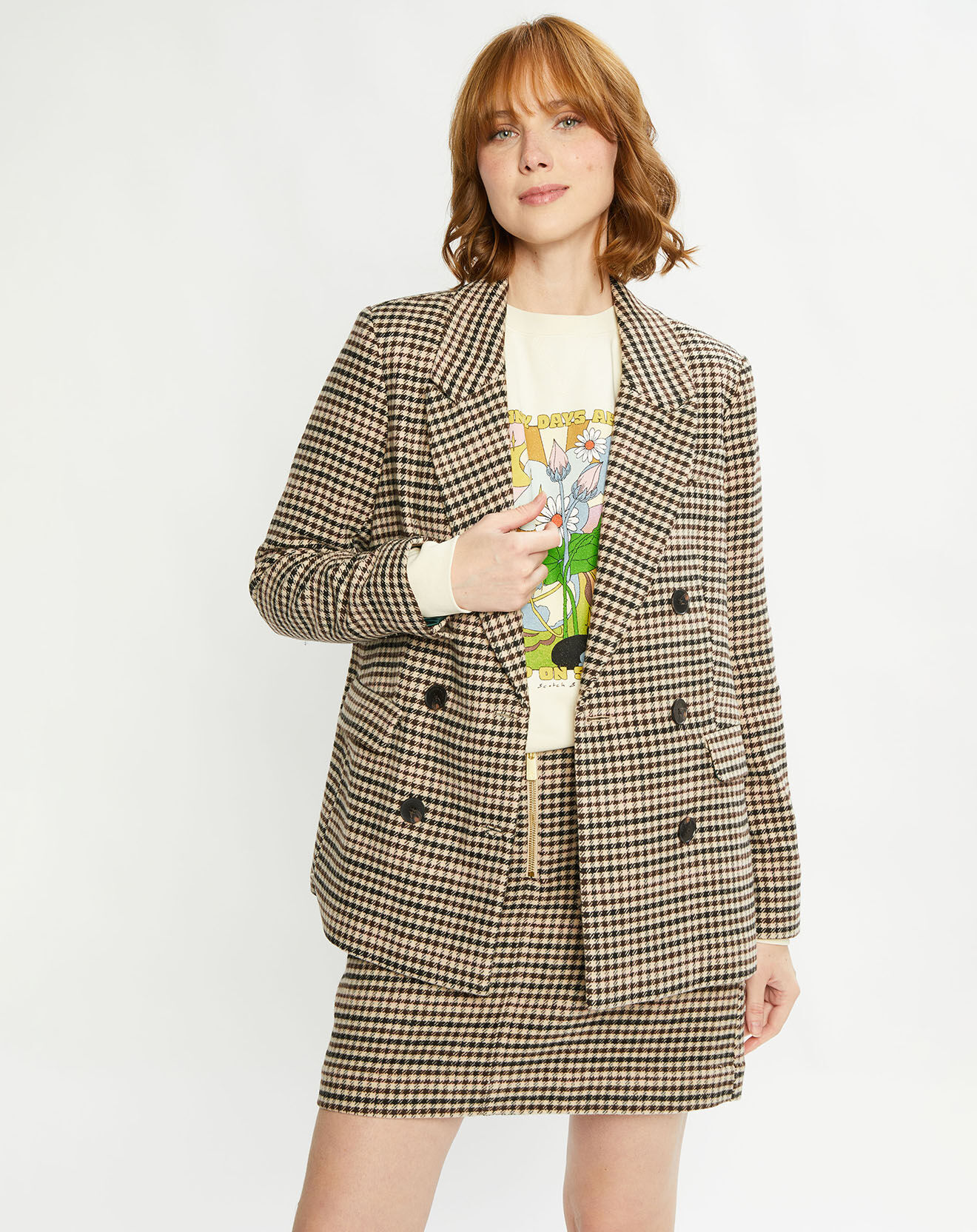 Scotch & Soda Blazer en Laine mélangée Boutonnage Check beige/marron