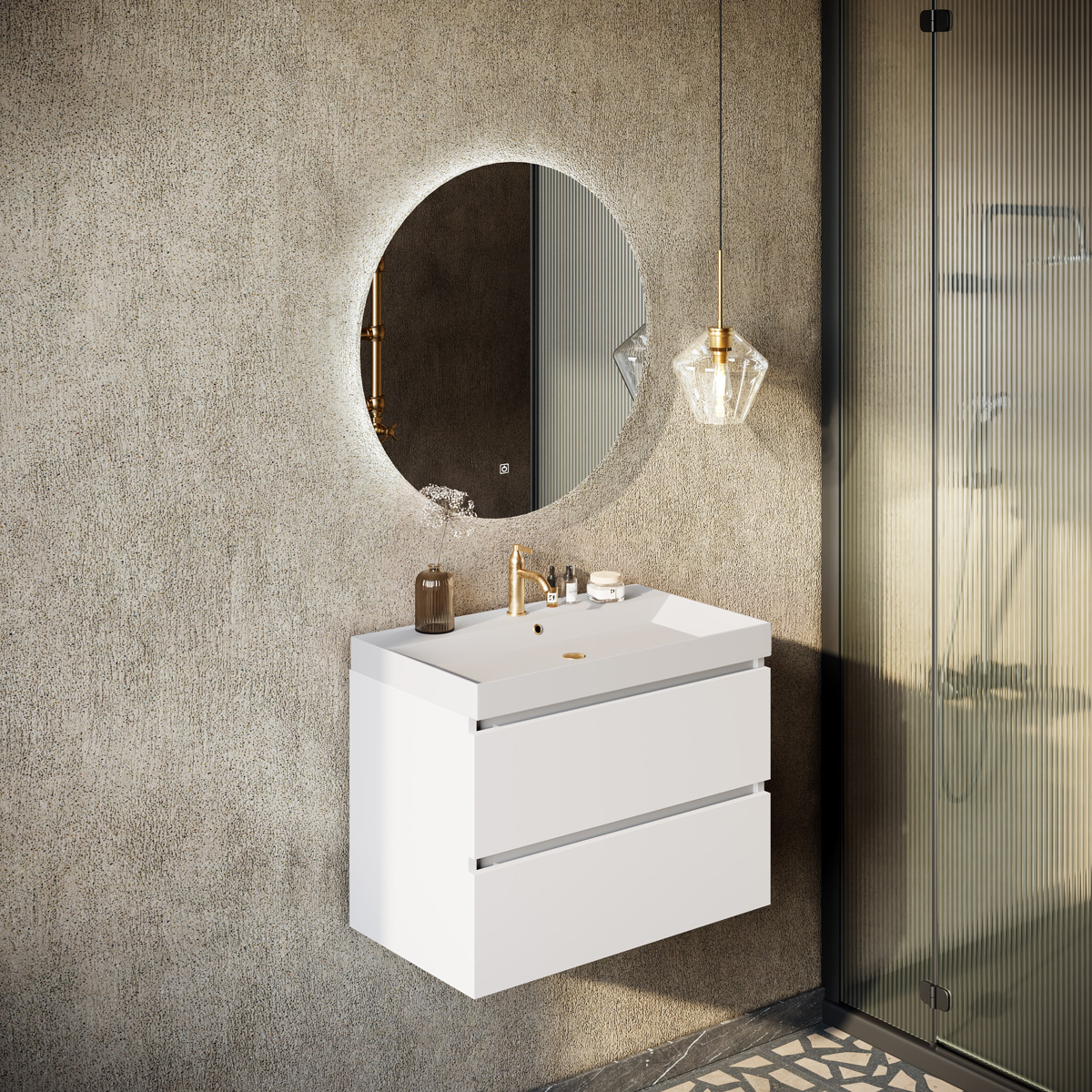Fontana Kolo wastafelmeubel mat wit 80cm mat witte wastafel 1 kraangat met ronde spiegel