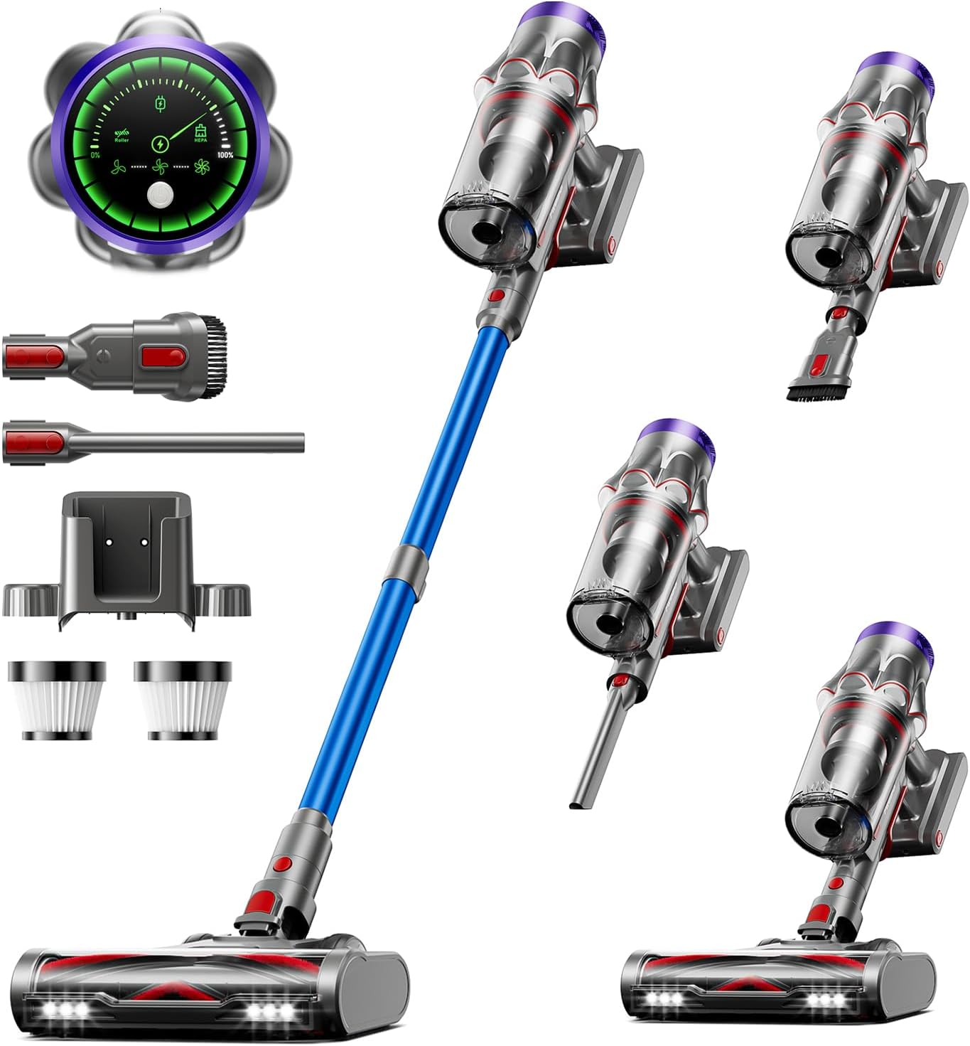 Akku Staubsauger 50000Pa/600W/65Min, 1,8L Staubsauger Kabellos mit Staubabstreif-Funktion, Anti-Tangle-Bürste, 8-Fach-Filtration Akkustaubsauger Selbststehend für Teppiche/Tierhaare/Hartböden