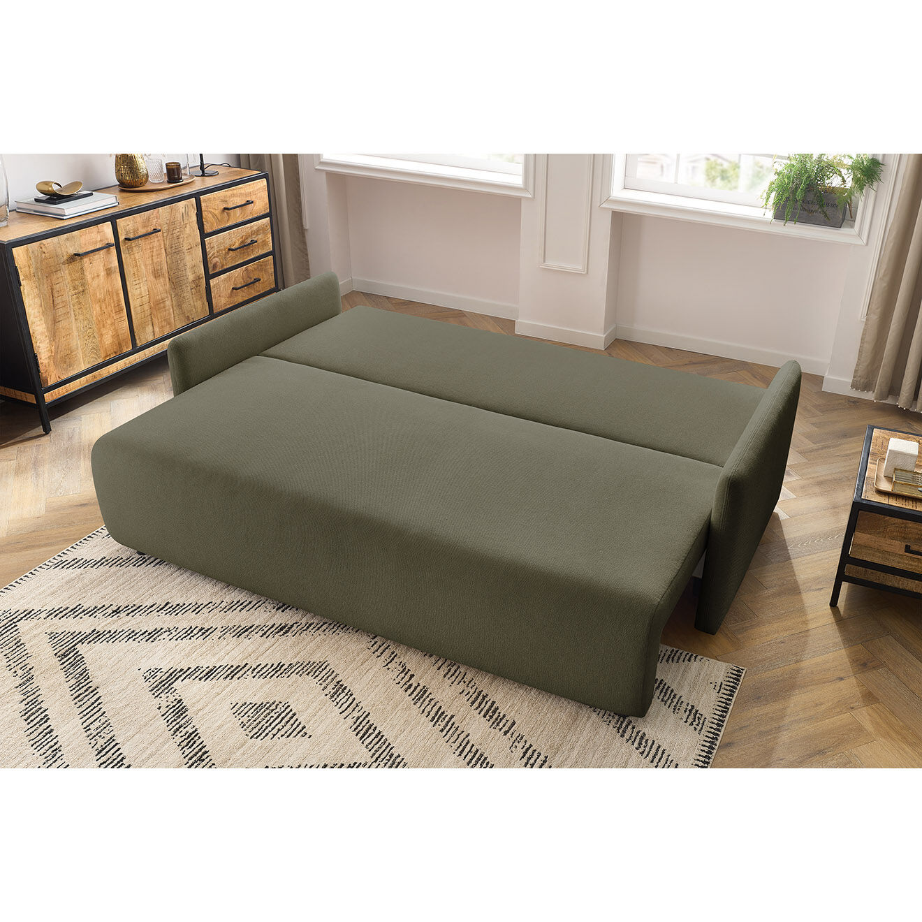 Bobochic Canapé droit convertible coffre marcel tissu lisse vert - 211x100x86 cm