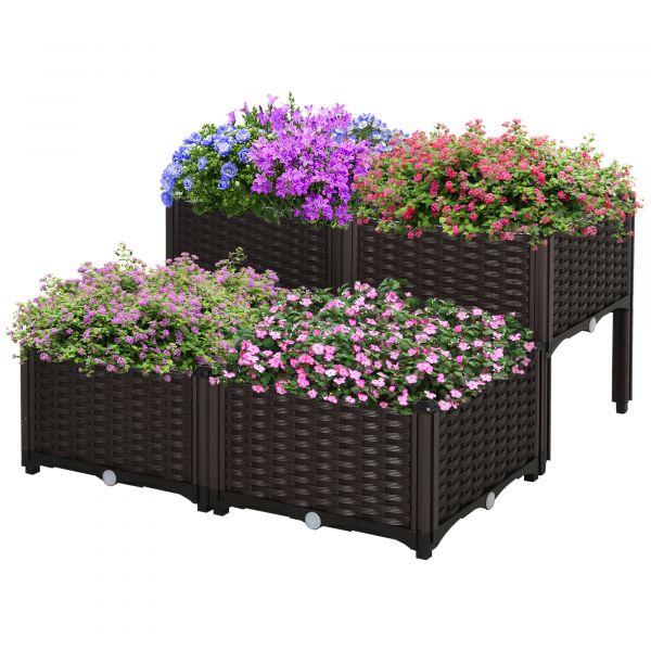 Outsunny Conjunto de 4 Floreiras Quadradas Floreiras para Flores e Vegetais com Orifícios de Drenagem e Pés Altos 80x40x26-44 cm Marrom 845-290V02