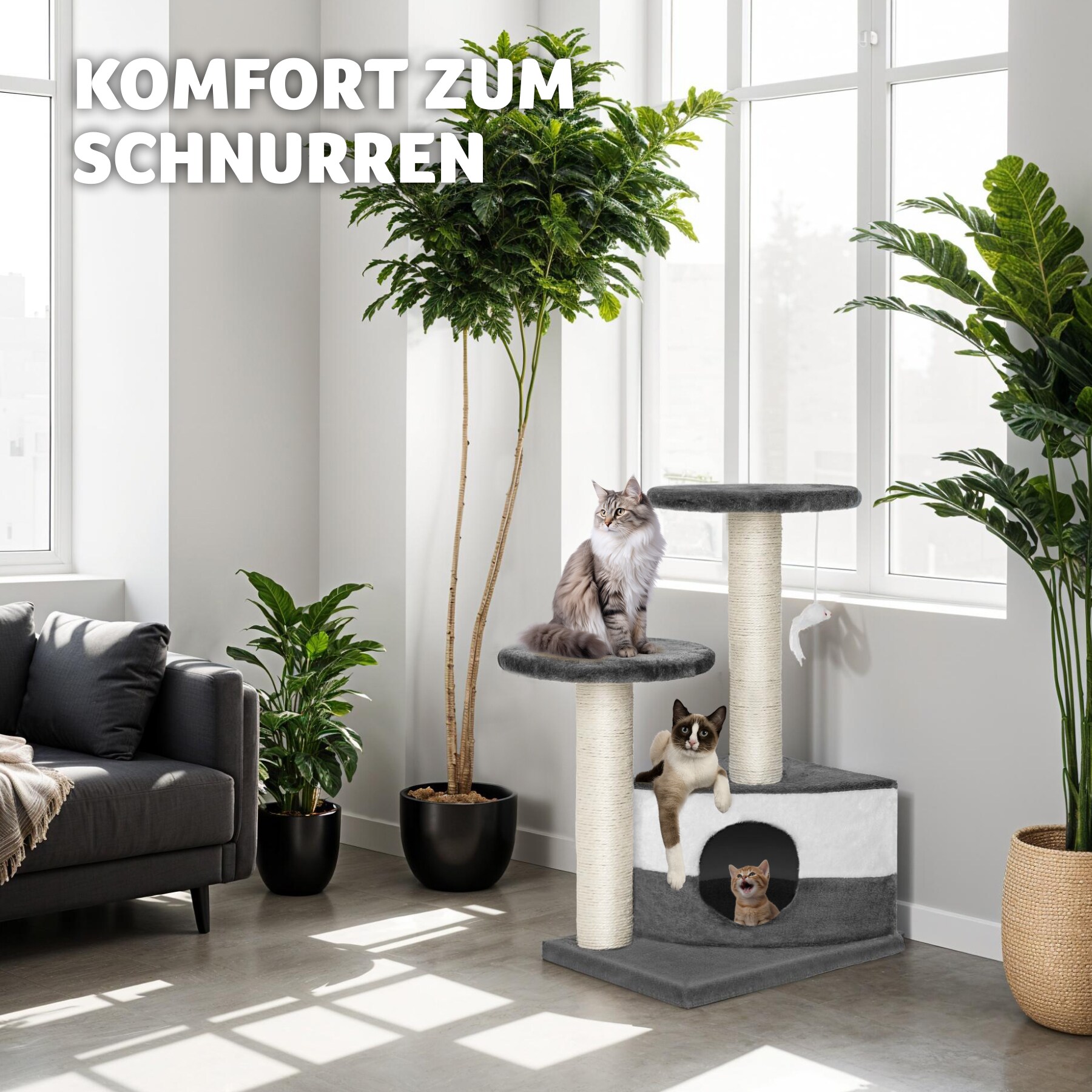 tectake® Kratzbaum, 71 cm, mit Katzenhaus, inklusive Spielmaus